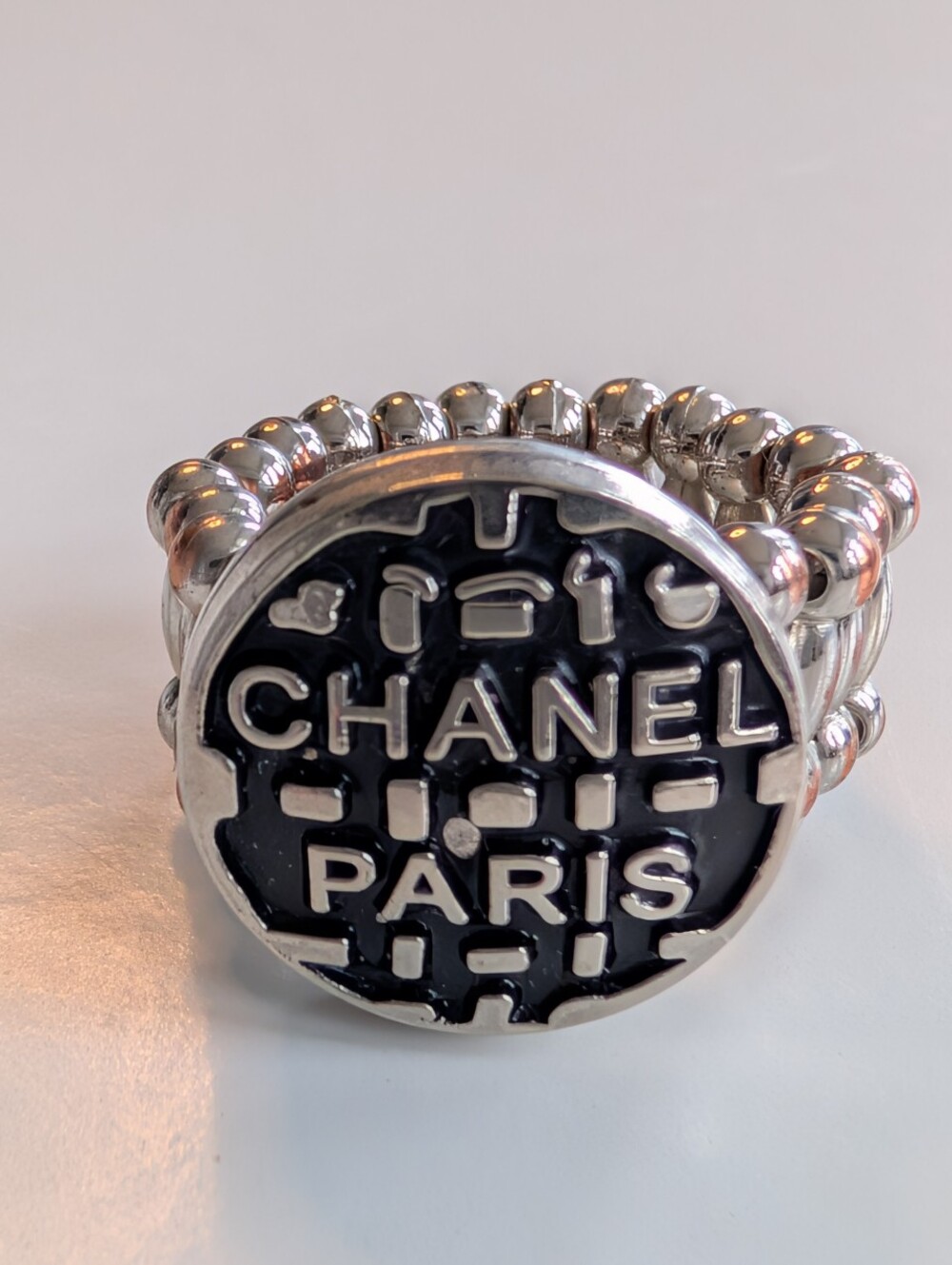 CHANEL - Authentic Chanel Button Upcycled Stretch Ring - Sterling Silver